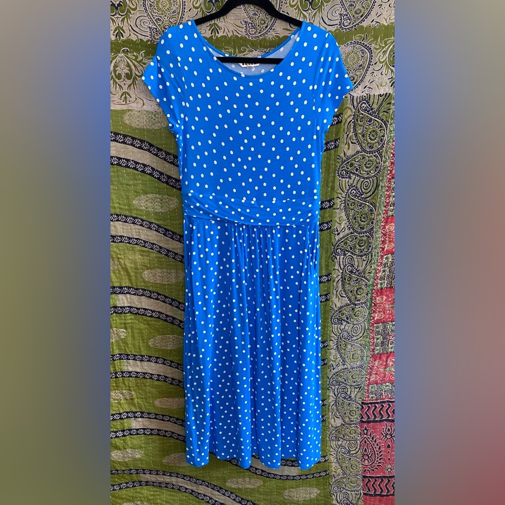 Boden Blue/ White Polka Dot Amelie Jersey Knit Midi Dress Size 8 Buyer Favorite - Picture 2 of 15